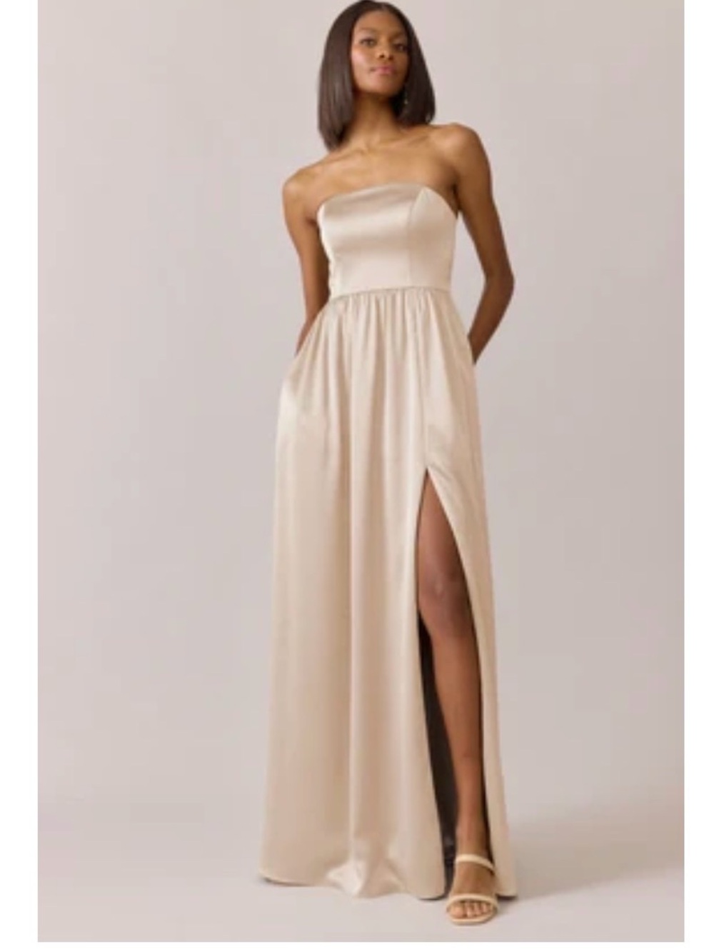Revelry Strapless Satin Gown in Champagne Gold